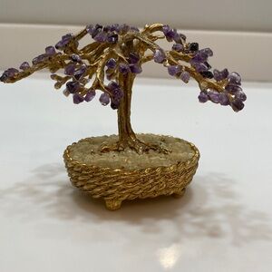 Vintage Chinese Gemstone Amethyst Tree Gold Tone Potted Plant Sculpture Braided